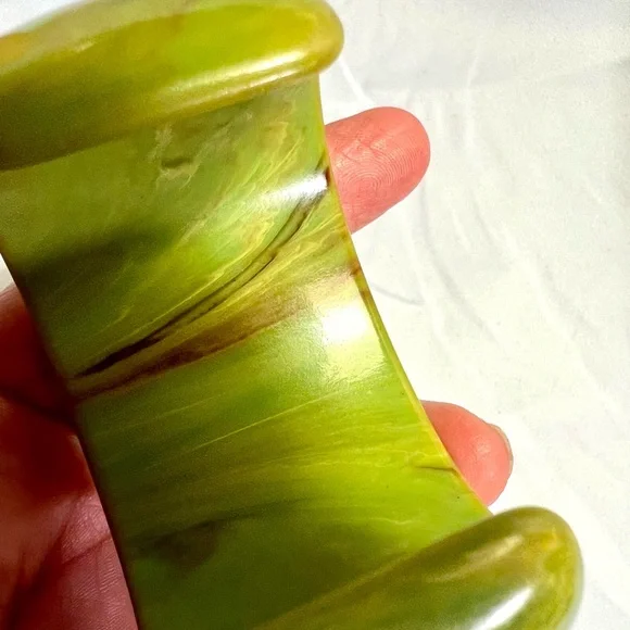 Vintage Yellowgreen Marbled Bakelite Cuff Bracelet “Yves Ste.Laurent like”